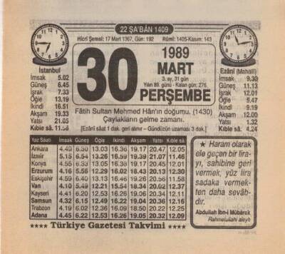 30 Mart 1989 Takvim Yaprağı EFM(N)5878 - 3