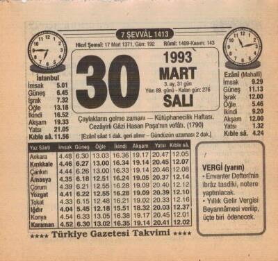 30 Mart 1993 Takvim Yaprağı EFM(N)6062 - 3