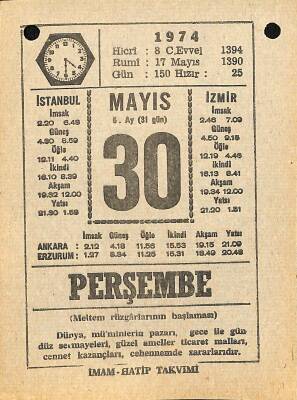 30 Mayıs 1974 Takvim Yaprağı - Doğum Günü Hediyesi EFM(N)11976 - 1