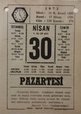 30 Nisan 1973 Takvim Yaprağı - Doğum Günü Hediyesi EFM(N)8127 - 2