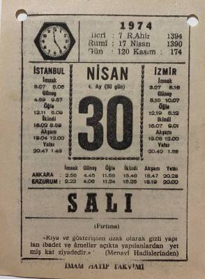 30 Nisan 1974 Takvim Yaprağı - Doğum Günü Hediyesi EFM(N)8187 - 2