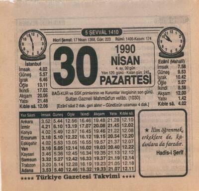 30 Nisan 1990 Takvim Yaprağı EFM(N)6183 - 1