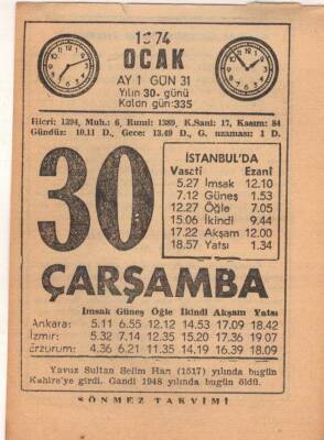 30 Ocak 1974 Takvim Yaprağı EFM(N)4893 - 1