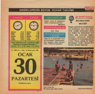 30 Ocak 1984 Takvim Yaprağı EFM(N)4645 - 1