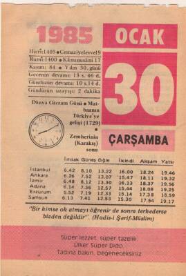 30 Ocak 1985 Takvim Yaprağı EFM(N)4800 - 1