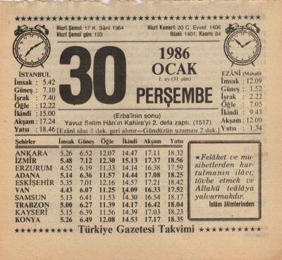 30 Ocak 1986 Takvim Yaprağı EFM(N)5048 - 1