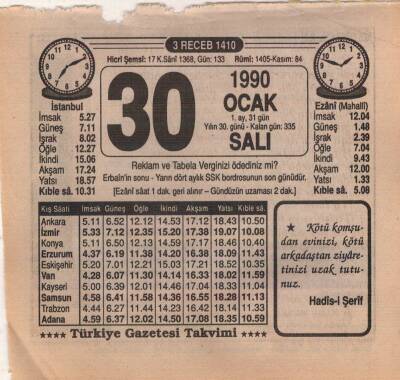 30 Ocak 1990 Takvim Yaprağı EFM(N)4707 - 1