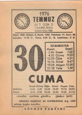 30 Temmuz 1976 Takvim Yaprağı EFM(N)2187 - 2