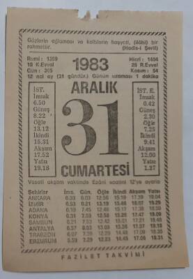 31 Aralık 1983 Takvim Yaprağı - Doğum Günü Hediyesi EFM(N)6885 - 1