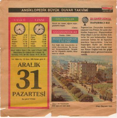 31 Aralık 1984 Takvim Yaprağı EFM(N)4097 - 2