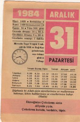 31 Aralık 1984 Takvim Yaprağı EFM(N)4190 - 2