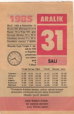 31 Aralık 1985 Takvim Yaprağı EFM(N)4128 - 3