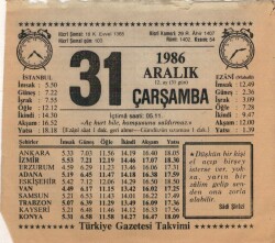 31 Aralık 1986 Takvim Yaprağı EFM(N)4343 - 3