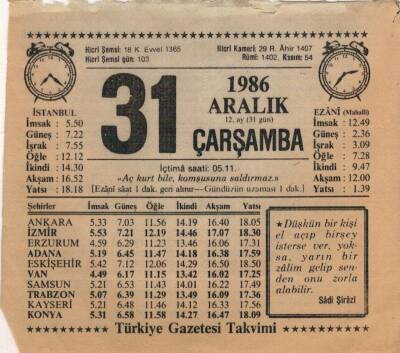 31 Aralık 1986 Takvim Yaprağı EFM(N)4343 - 2