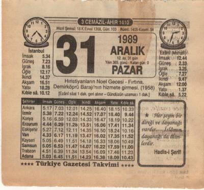 31 Aralık 1989 Takvim Yaprağı EFM(N)4221 - 3