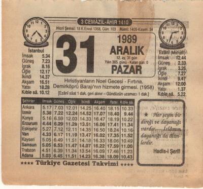 31 Aralık 1989 Takvim Yaprağı EFM(N)4221 - 1