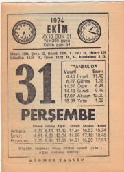 31 Ekim 1974 Takvim Yaprağı EFM(N)3001 - 3