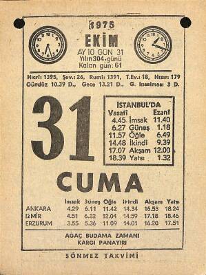 31 Ekim 1975 Takvim Yaprağı - Doğum Günü Hediyesi EFM(N)12582 - 1