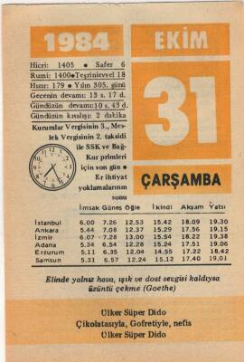 31 Ekim 1984 Takvim Yaprağı EFM(N)3032 - 3