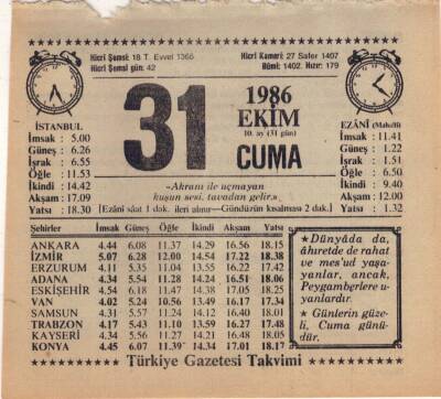 31 Ekim 1986 Takvim Yaprağı EFM(N)3094 - 3