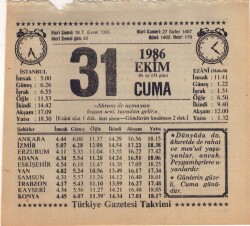 31 Ekim 1986 Takvim Yaprağı EFM(N)3094 - 2