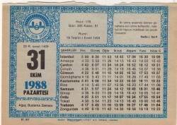 31 Ekim 1988 Takvim Yaprağı EFM(N)3217 - 3