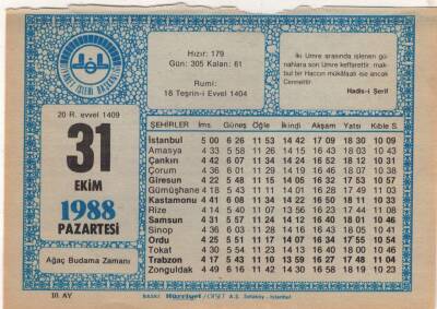 31 Ekim 1988 Takvim Yaprağı EFM(N)3217 - 2