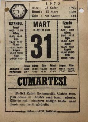 31 Mart 1973 Takvim Yaprağı - Doğum Günü Hediyesi EFM(N)8097 - 2