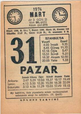 31 Mart 1974 Takvim Yaprağı EFM(N)5910 - 3