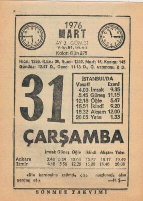 31 Mart 1976 Takvim Yaprağı EFM(N)5972 - 3