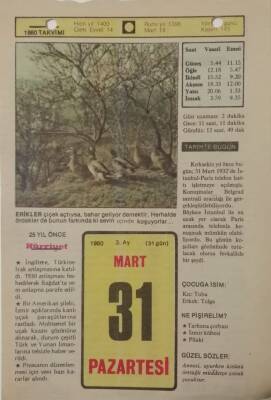 31 Mart 1980 Takvim Yaprağı - Doğum Günü Hediyesi EFM(N)7669 - 1