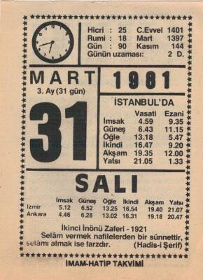 31 Mart 1981 Takvim Yaprağı EFM(N)6032 - 3