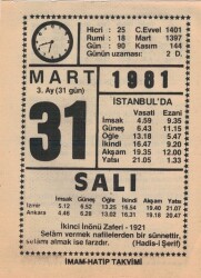 31 Mart 1981 Takvim Yaprağı EFM(N)6032 - 1