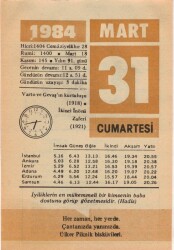 31 Mart 1984 Takvim Yaprağı EFM(N)6094 - 3