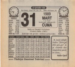 31 Mart 1989 Takvim Yaprağı EFM(N)5879 - 3