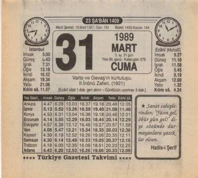 31 Mart 1989 Takvim Yaprağı EFM(N)5879 - 2