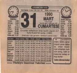 31 Mart 1990 Takvim Yaprağı EFM(N)6003 - 3