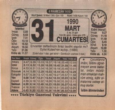 31 Mart 1990 Takvim Yaprağı EFM(N)6003 - 1