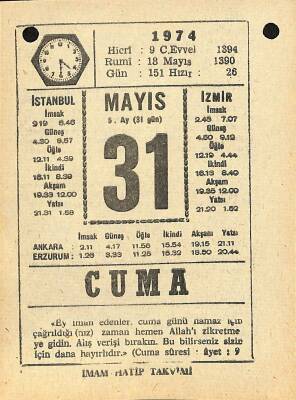 31 Mayıs 1974 Takvim Yaprağı - Doğum Günü Hediyesi EFM(N)11975 - 1