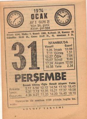 31 Ocak 1974 Takvim Yaprağı EFM(N)4894 - 1