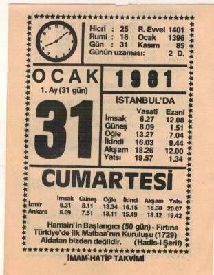 31 Ocak 1981 Takvim Yaprağı EFM(N)4677 - 1