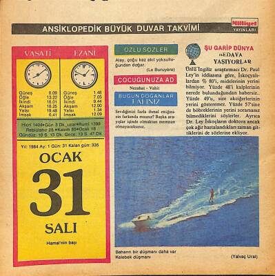 31 Ocak 1984 Takvim Yaprağı - Doğum Günü Hediyesi EFM(N)12662 - 1