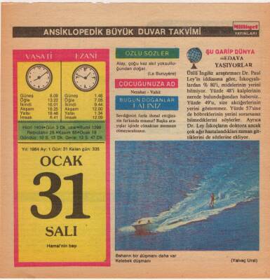 31 Ocak 1984 Takvim Yaprağı EFM(N)4646 - 1