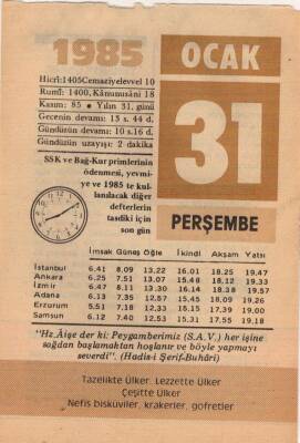 31 Ocak 1985 Takvim Yaprağı EFM(N)4801 - 1