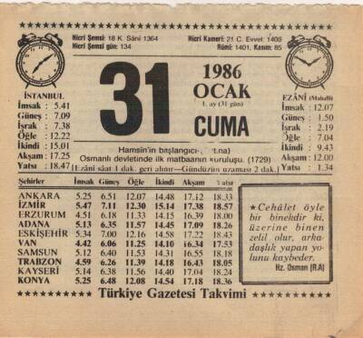 31 Ocak 1986 Takvim Yaprağı EFM(N)5049 - 1