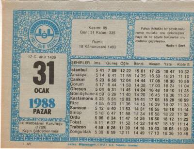 31 Ocak 1988 Takvim Yaprağı EFM(N)4925 - 1