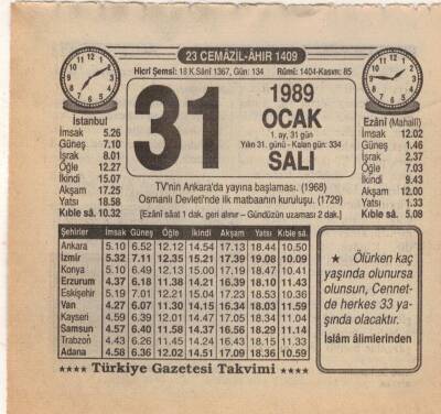 31 Ocak 1989 Takvim Yaprağı EFM(N)4739 - 1