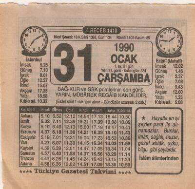 31 Ocak 1990 Takvim Yaprağı EFM(N)4708 - 1