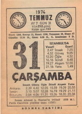 31 Temmuz 1974 Takvim Yaprağı EFM(N)2198 - 3