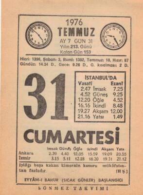 31 Temmuz 1976 Takvim Yaprağı EFM(N)2199 - 3